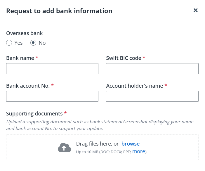 Request to add bank information.