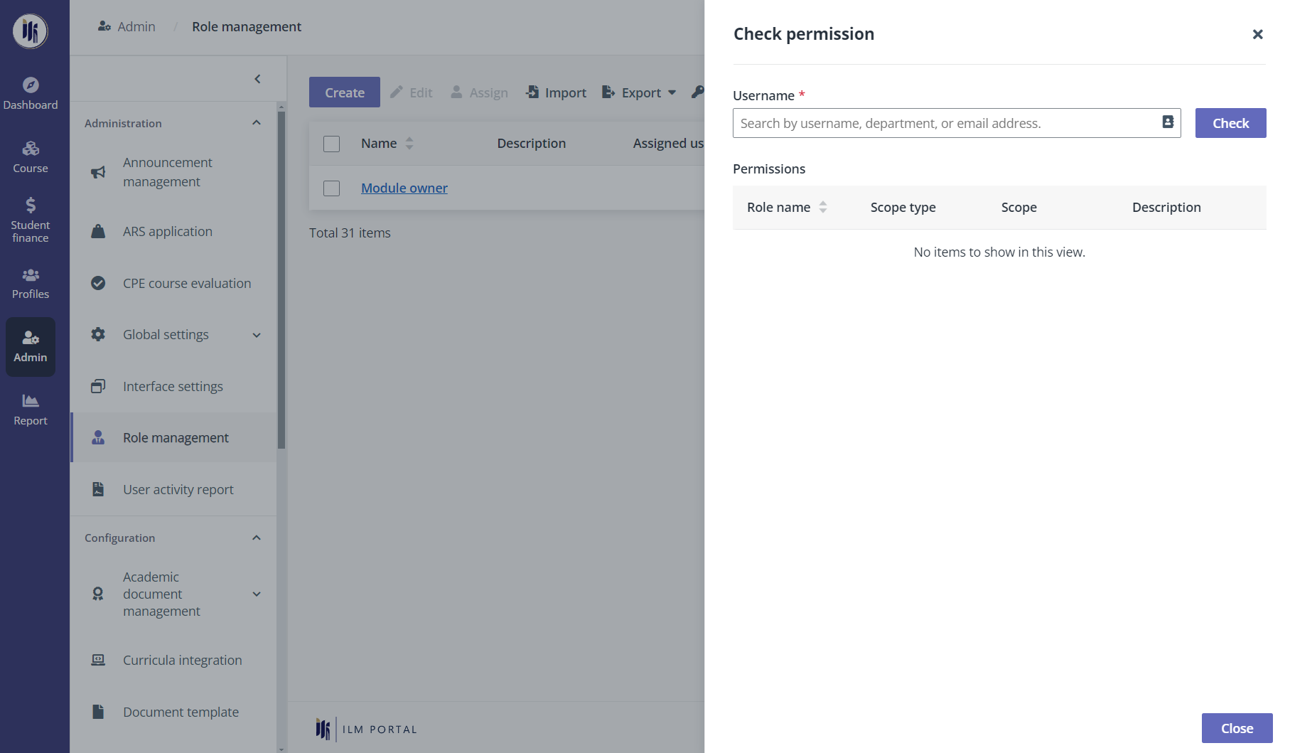 The Check permission panel.