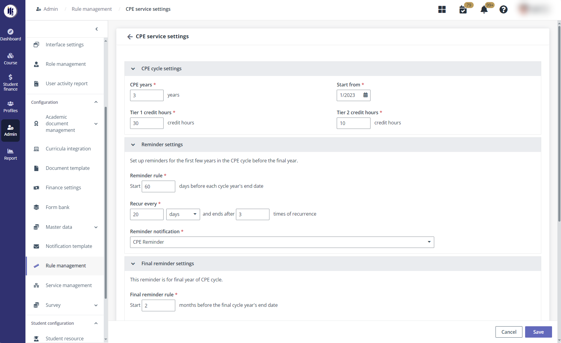 The CPE service settings page.