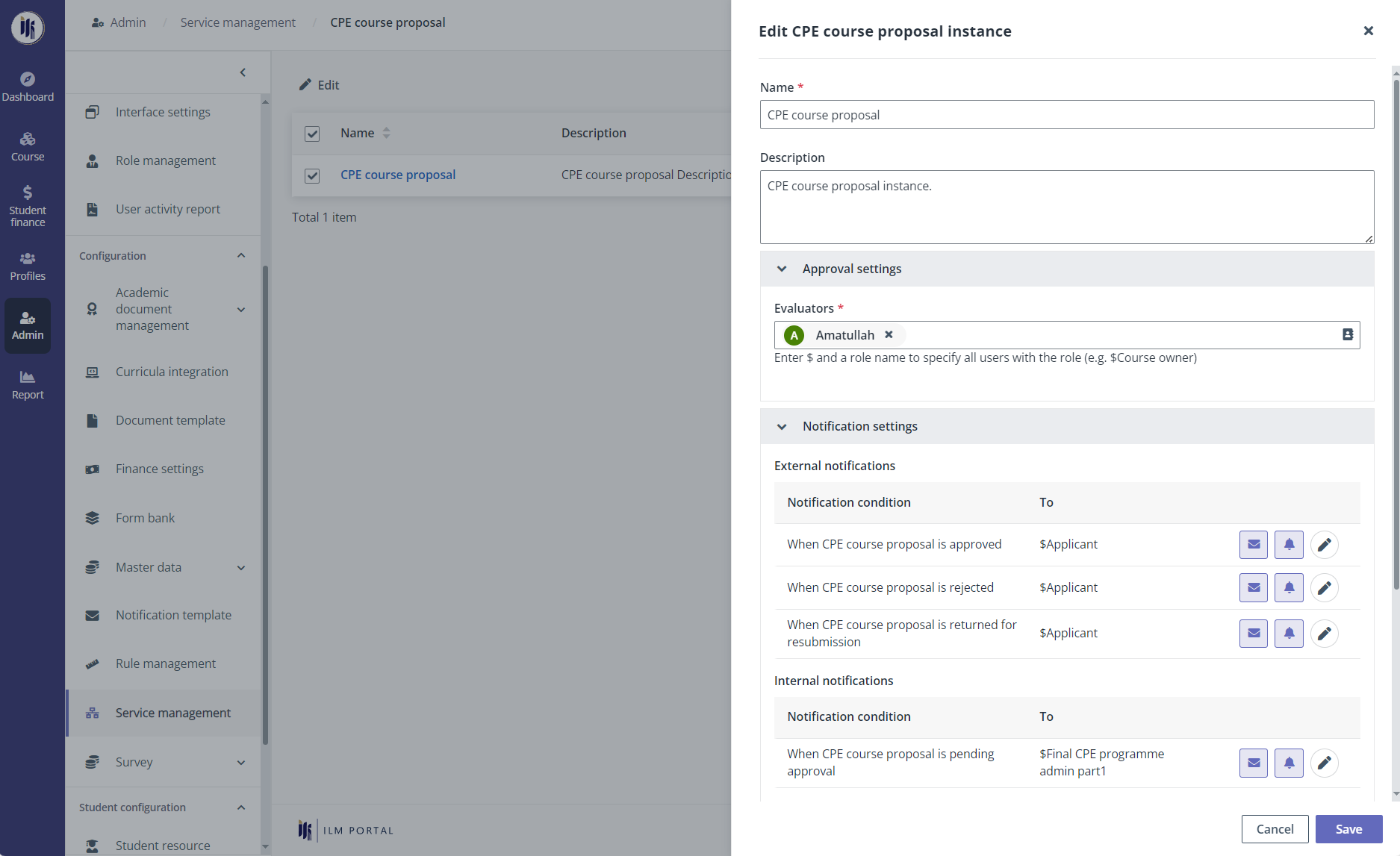 The Edit CPR course proposal instance panel.