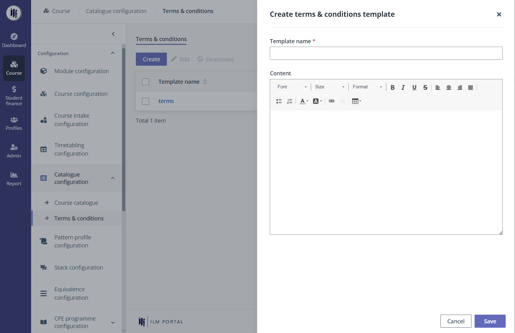 The Create terms & conditions template panel.