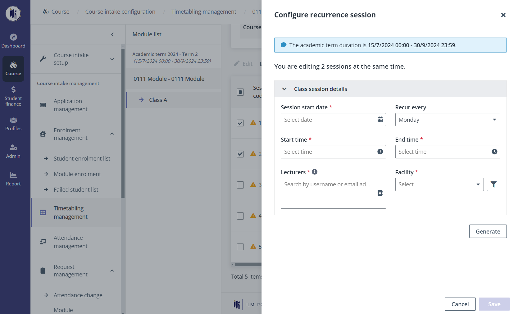 Configure recurrence sessions.