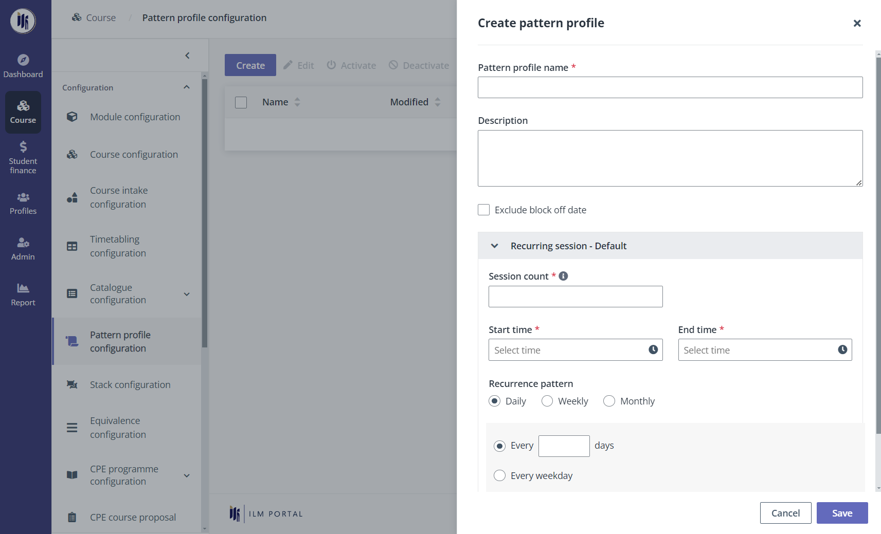 The Create pattern profile panel.