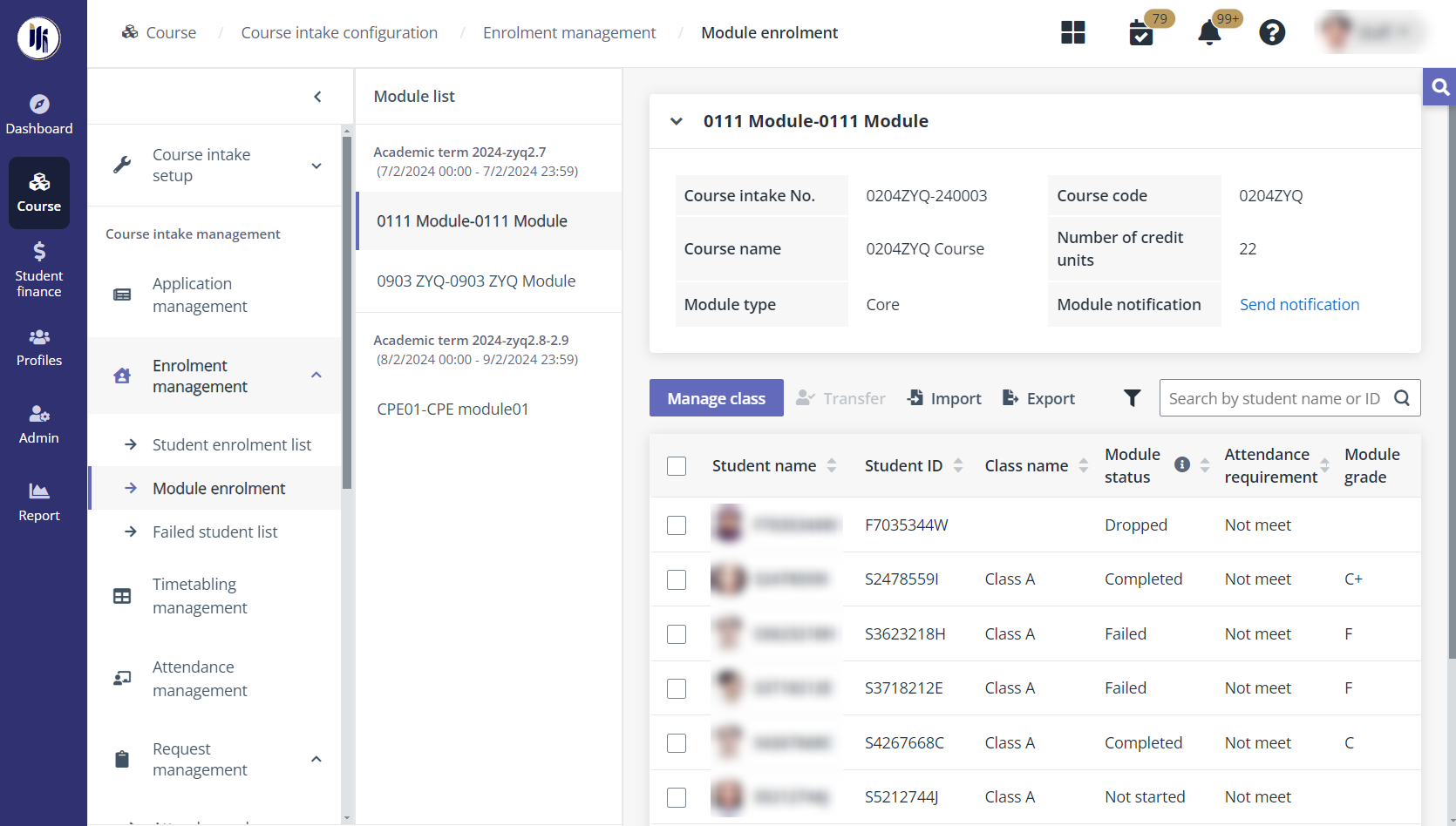 The Module enrolment page.