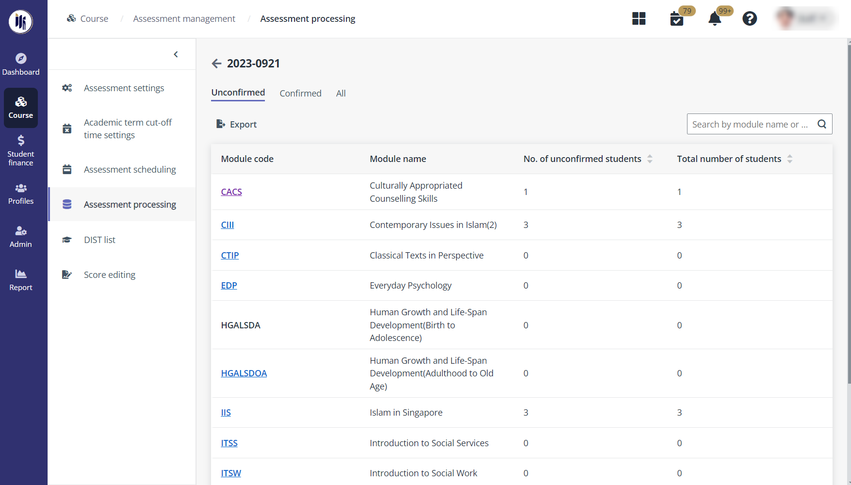 The Assessment processing page.