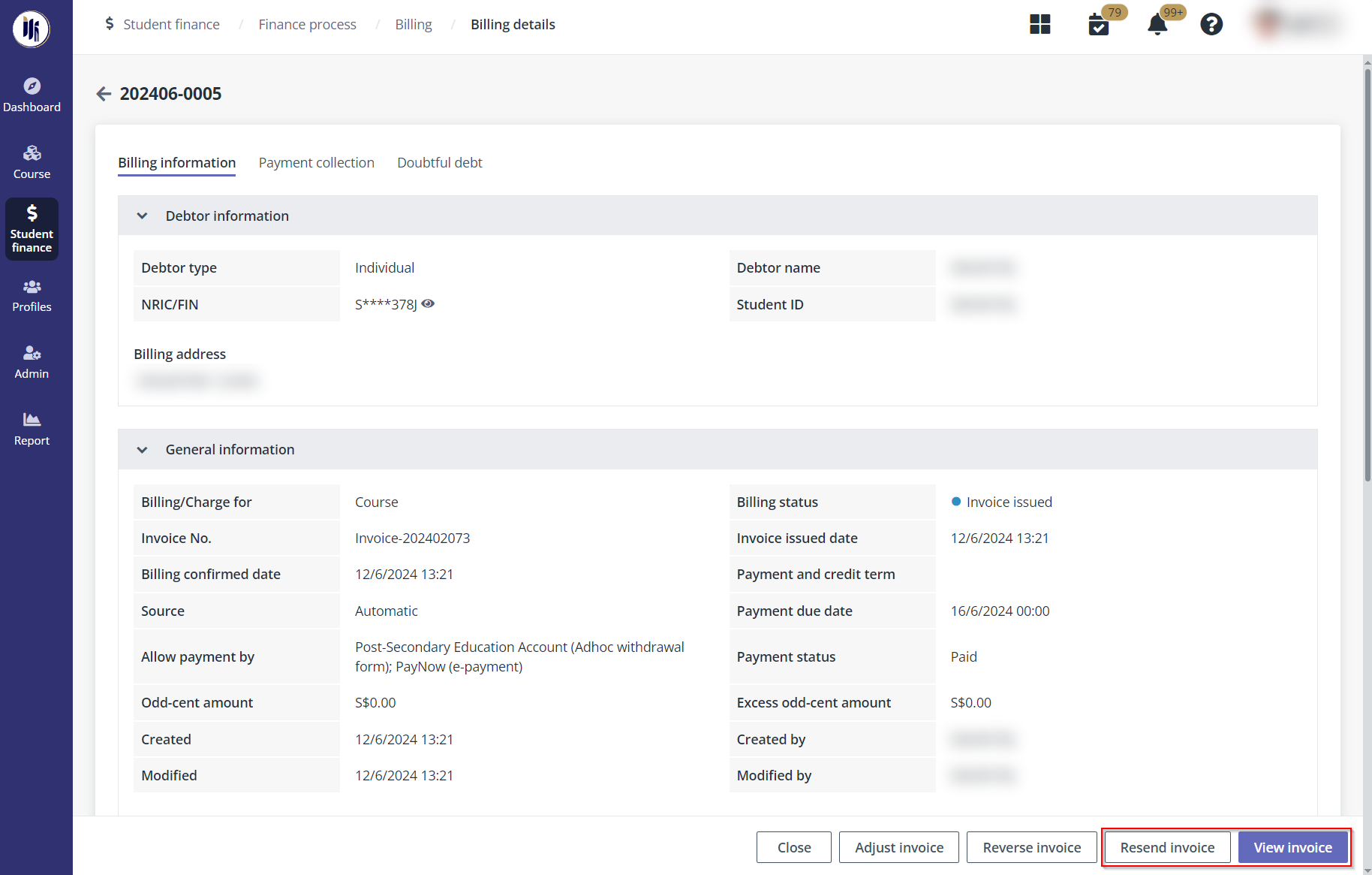 The view invoice and resend invoice buttons.