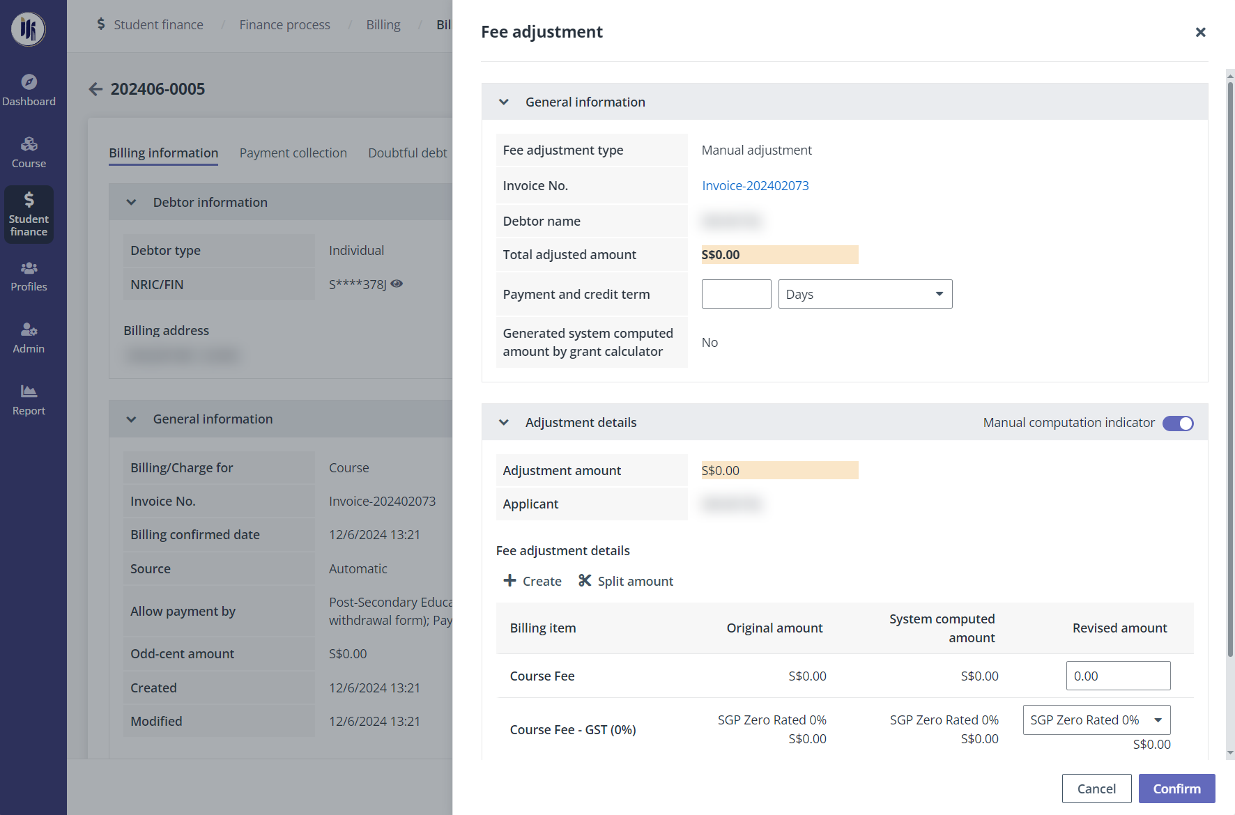 The fee adjustment panel.